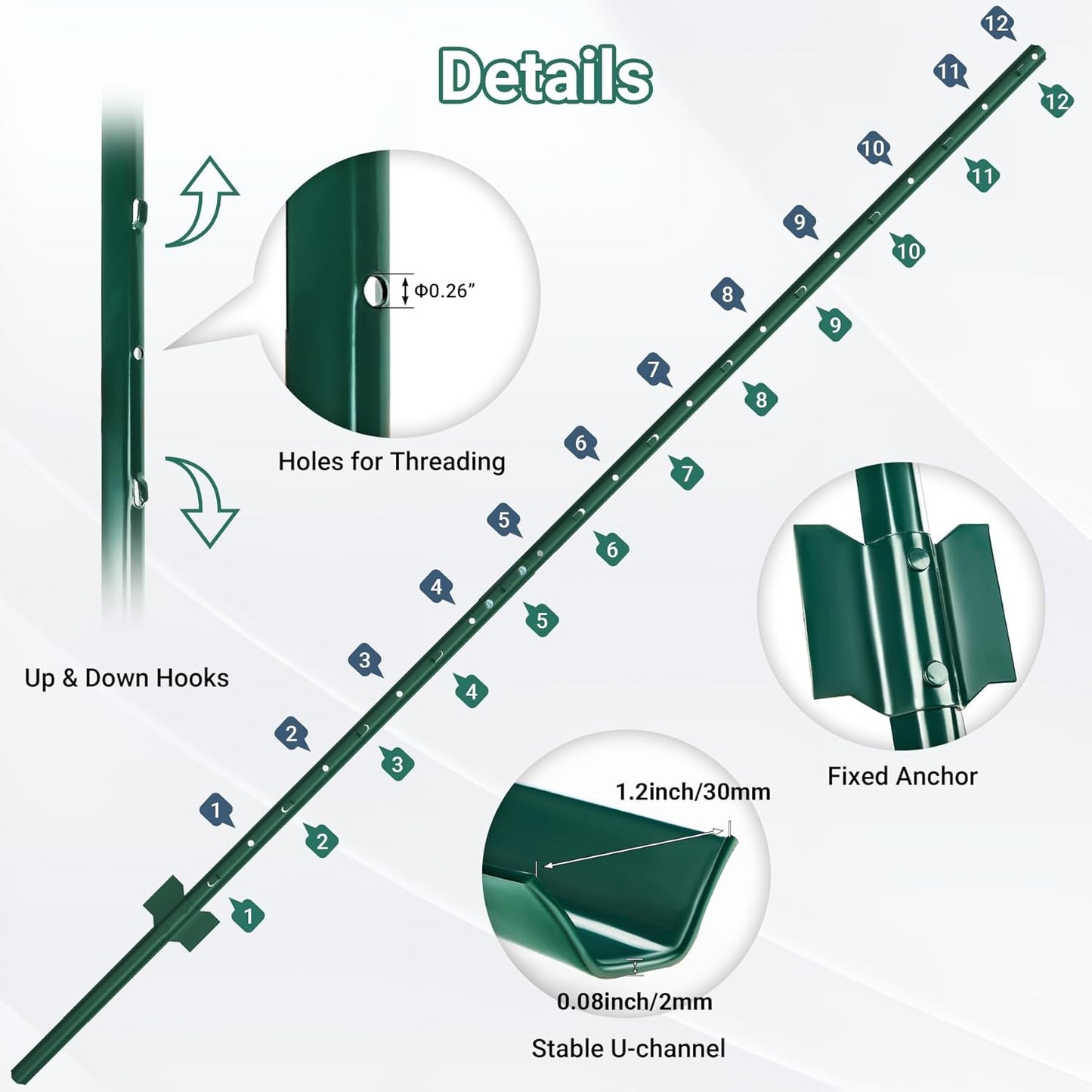 Fence Posts 7 Ft - 16 Pack, Requires Manual Assembly, Heavy Duty Metal Fence Post, No Dig U Post for Farm, Garden, Orchard and Outdoor Wire Fencing (Green)-VerdiqueGarden