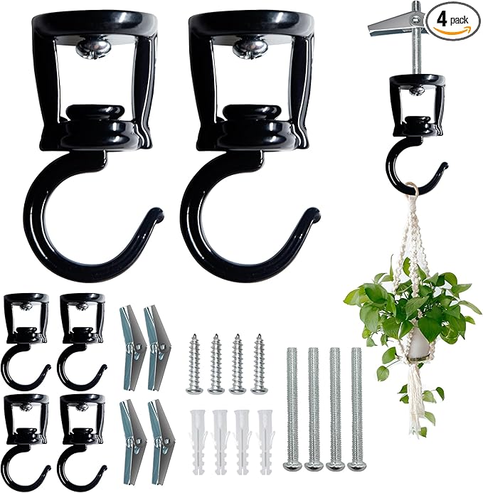 Ceiling Hooks for Hanging Plants (4 PCS Black),Heavy Duty Metal Plant Hooks, Screw in Hooks for Hanging Birdfeeders, Lamps, Planters, Outdoor Decorative Hooks up to 33 lbs-VerdiqueGarden