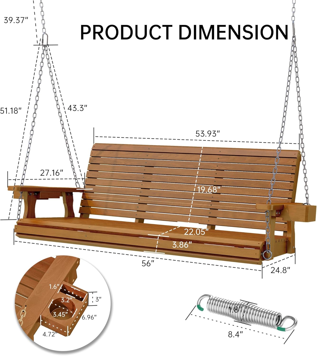 Wooden Outdoor Porch Swings, 3 Seater Front Porch Swing with Upgraded 22" Deep Seat, Heavy Duty 880 Lbs Swing Bench Chair for for Patio, Backyard, Garden (Teak Tone, 5 FT)-VerdiqueGarden