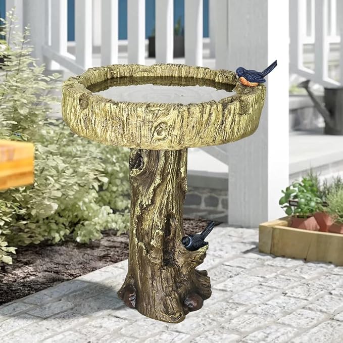 SKYFIRE 24.4” H Fibre Reinforced Concrete Outdoor Garden Bird Bath with Birds, Woodland Tree Trunk Decoration Yard Statue，Pedestal Birdbaths for Outdoors, Garden, Patio, Lawn, Backyard-VerdiqueGarden