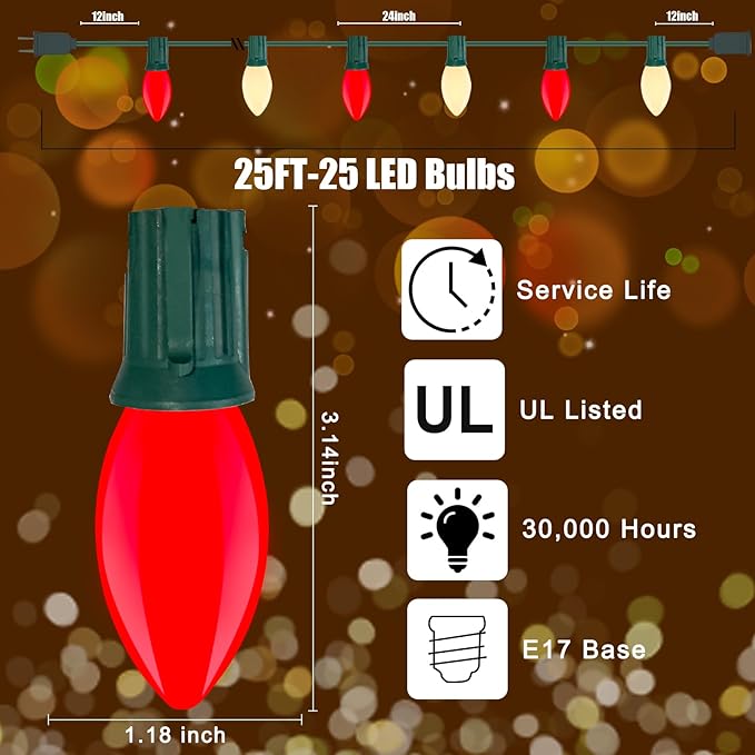 Red White LED Christmas Lights 25FT - Vintage C9 Outdoor String with 26 Bulbs, Extendable Commercial Holiday Decor for Roofline, Patio, Backyard & Parties-VerdiqueGarden
