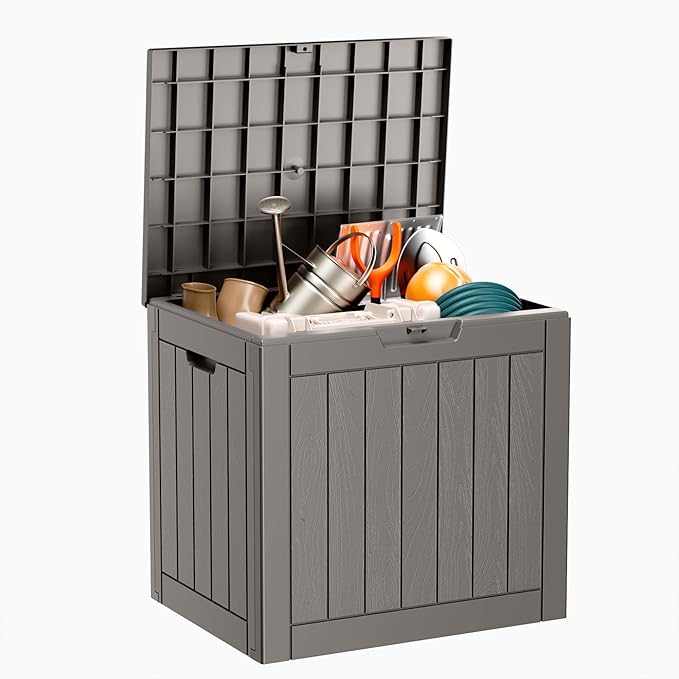 31 Gallon Resin Deck Box, Lockable Patio Outdoor Storage Box for Furniture, Garden Tools and Tools Storage, Waterproof Outside Storage Boxes - Grey-VerdiqueGarden