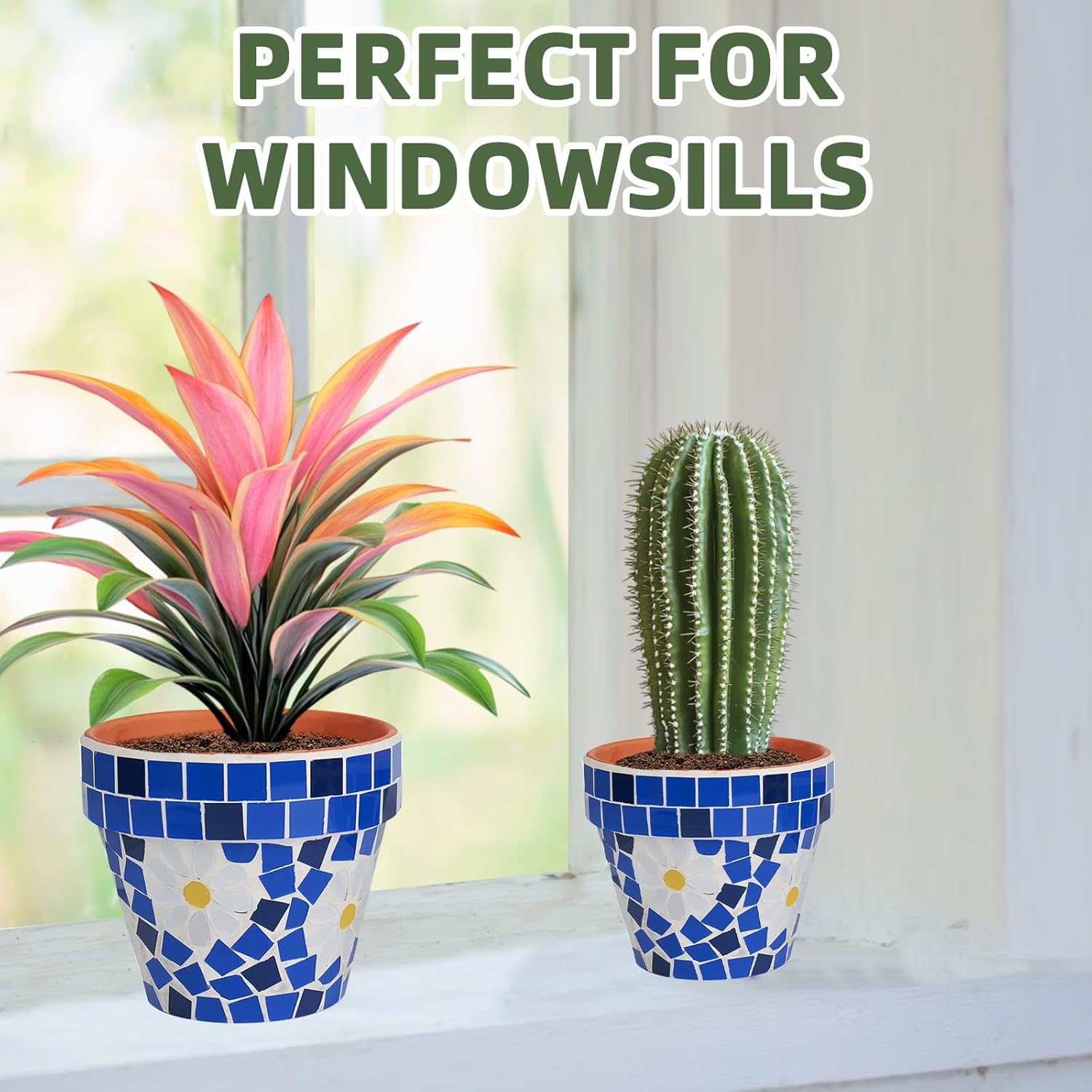 VOREEN Mosaic & Terracotta Plant Pots, 2 Pack Handmade Flower Pots with Drainage, Decorative Daisy Style Planters for Indoor Outdoor Plants, Home & Garden Decor, Gift for Mom Wife Friend-VerdiqueGarden