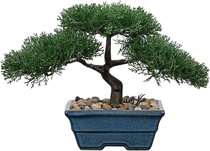 Artificial Bonsai Tree Juniper Faux Plants Indoor Fake Plants Decor with Blue Ceramic Pots for Home Table Office Desk Bathroom Shelf Bedroom Living Room Farmhouse Decorations-Pine-VerdiqueGarden
