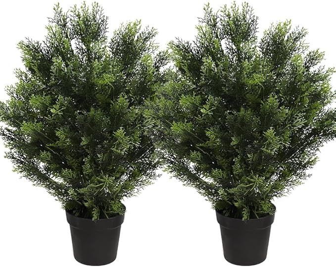 momoplant 31 Inch Tall Artificial Cedar Topiary Tree Set of 2 Faux Cypress Evergreen Potted Plants for Outdoor & Indoor Decor-VerdiqueGarden