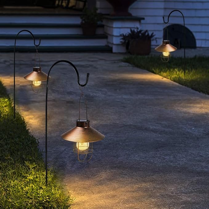 HUYIENO 2Pack Solar Metal Hanging Lantern with Shepherd Hook Outdoor Led Garden Lights Brushed Copper-VerdiqueGarden