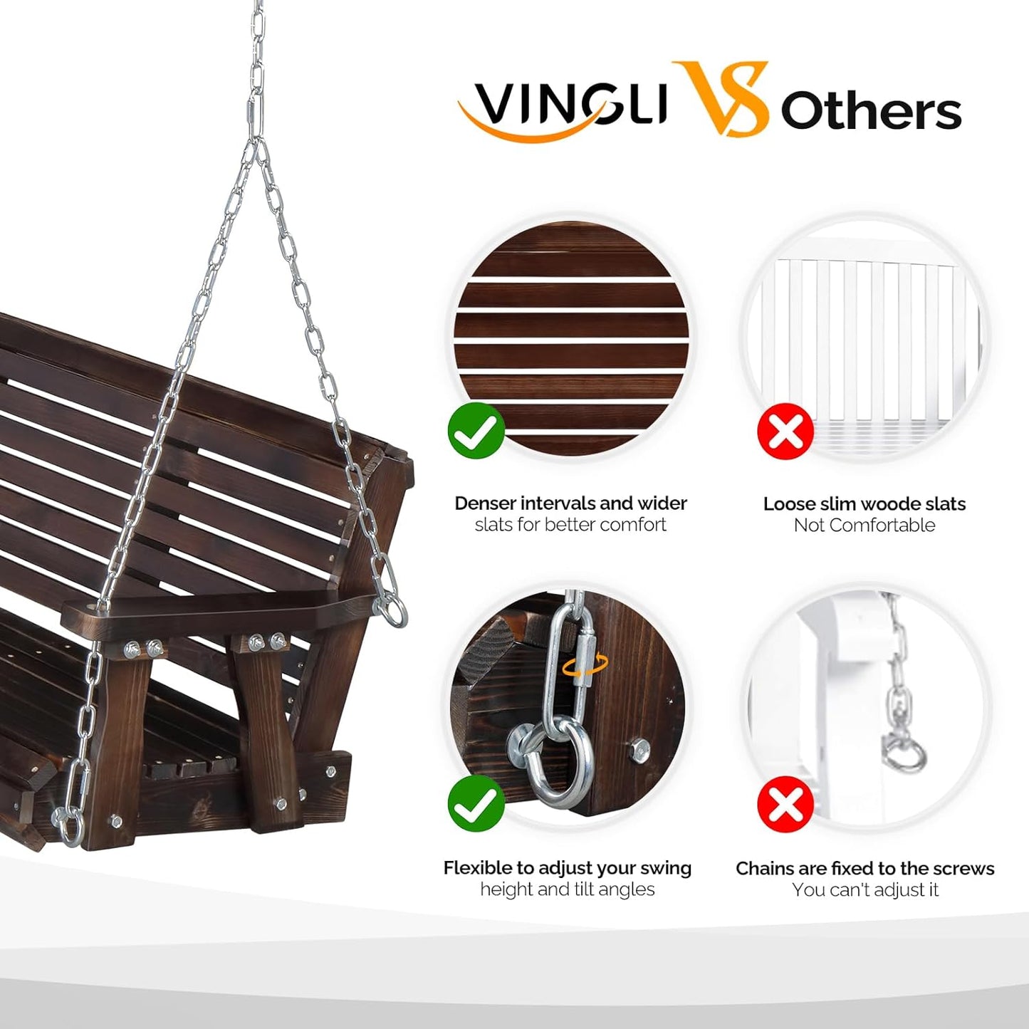 VINGLI Upgraded Patio Wooden Porch Swing for Courtyard & Garden, Heavy Duty 880 LBS Swing Chair Bench with Hanging Chains for Outdoors (Rustic, 4 FT)-VerdiqueGarden