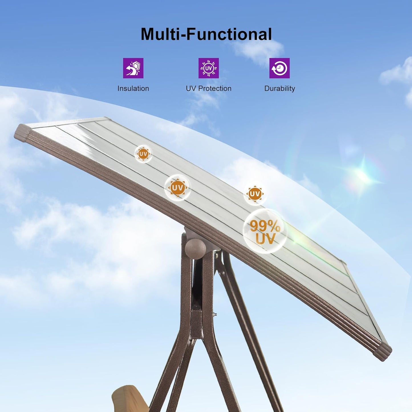 PURPLE LEAF Outdoor Patio Porch Swing with Adjustable PVC Canopy, 3-seat Swing Chair Bench with Side Cup Holder for Backyard Front Porch Lawn, Cushions and Pillow Included, Beige-VerdiqueGarden