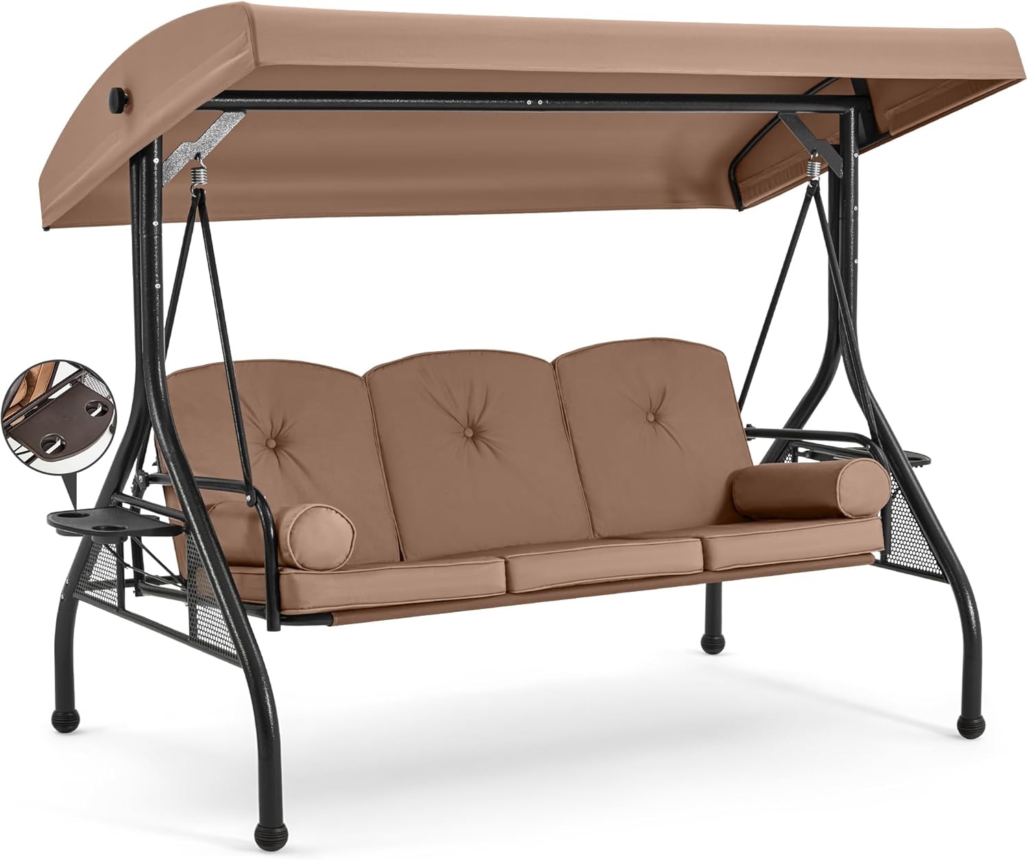 HOMREST 3 Seat Outdoor Porch Swing with Adjustable Canopy, Convertible Patio Swing Bed with Stand, Patio Glider Swing with Upgraded Cup Holder, Thicken Cushions ＆ Pillow for Backyard (Brown)-VerdiqueGarden
