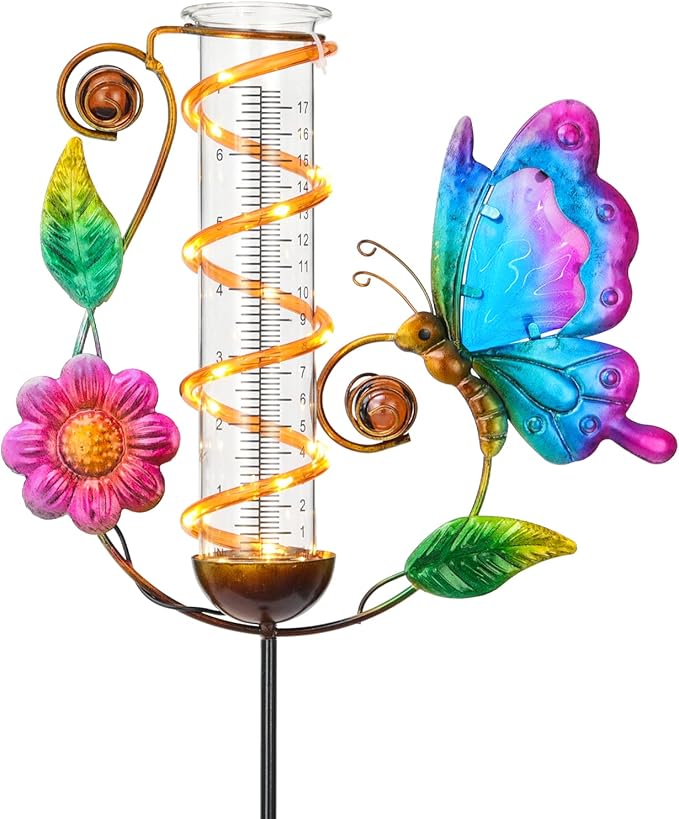 LEWIS&WAYNE 36.3” Butterfly Rain Gauge Outdoor, 7” Glass Tube Solar Powered 10 Warm White LEDs Garden Metal Stakes Decorative Waterproof for Yard Garden Patio Lawn-VerdiqueGarden