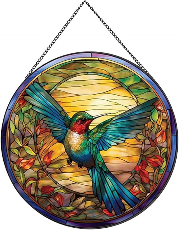 Hummingbirds Pattern Stained Glass Suncatchers for Windows,Hanging Stained Glass Suncatcher,20cm/7.87inch Hand-Painted Sun Catcher Garden Hangings Painted Glass Panel Decor Themed Gift-VerdiqueGarden