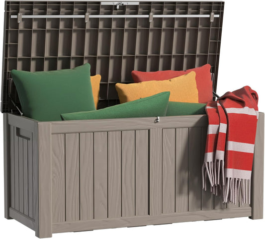 120 Gallon Outdoor Storage Box Waterproof, UV Resistant Resin Deck Box with Hydraulic Rod, Reinforced Stability for Patio, Garden, and Pool, Striped Gray-VerdiqueGarden