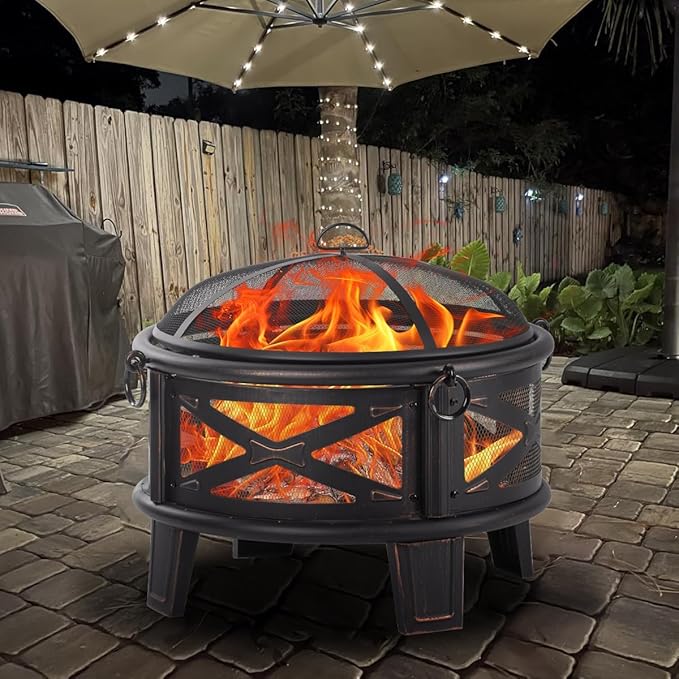Breezz 26 Inch Wood Burning Fire Pit with Cooking Grill and Spark Screen, Outdoor Metal Round Firepit for Patio, Backyard, Bonfire Party, Camping-VerdiqueGarden