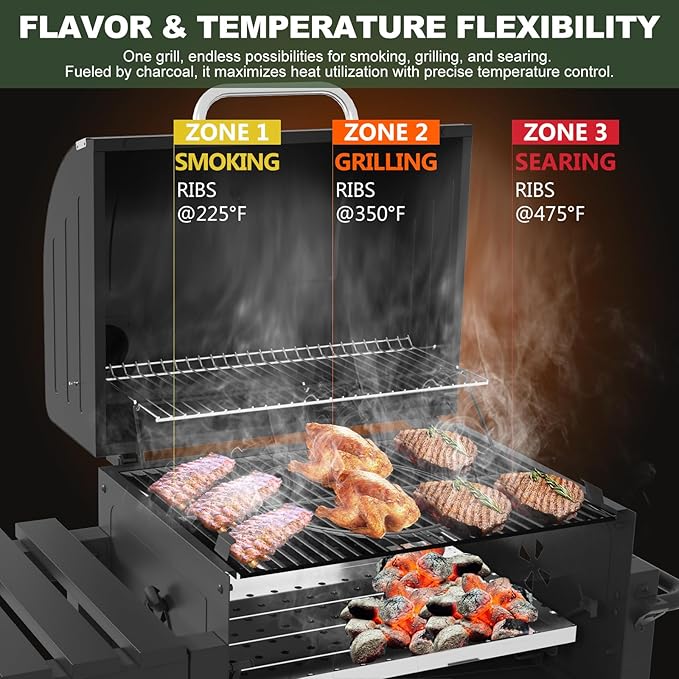 Charcoal Grills, Large Outdoor BBQ Grill Offset Smoker with Side Table Heavy Duty Outside Barbecue Grills Cooking Backyard Patio (Enamel Grill Grate)-VerdiqueGarden