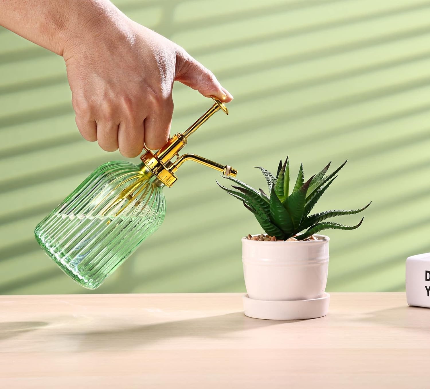 Glass Plant Mister Spray Bottle, 7.5" Green Glass Water Spray Bottle with Gold Top Pump Small Watering Can, Small Plant Sprayer Mister for Indoor Outdoor House,(Green+Gold E)-VerdiqueGarden