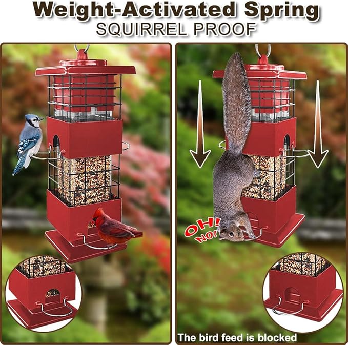 Squirrel Proof Bird Feeder, 3LBS Large Capacity Hanging Bird Feeders for Outdoors, Weight-Activated Perches Metal Anti-Squirrel Birdfeeder for Blue Jay, Cardinal, Outside (Red)-VerdiqueGarden