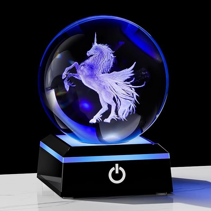 Qianwei Unicorn Gifts for Women 3D Crystal Ball 3.14'' - 80mm Laser Unicorn Decor Glass Animals Unicorn Gifts Figurines Statue Stuff for Room Decorations Unicorn Night Light-VerdiqueGarden