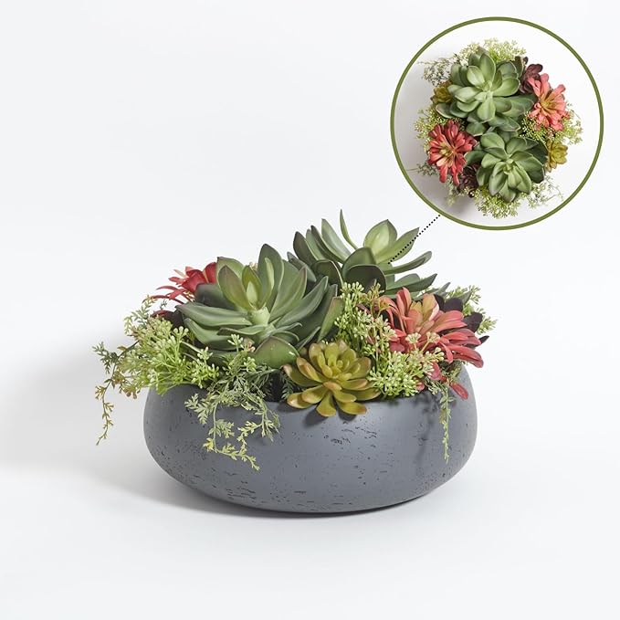 Faux Succulent Arrangement, Premium Artificial Indoor Plant Enhances Interior Design, Display on Any Surface in Your Home Adding an Inviting Touch of Nature, Grey Planter Pot Included-VerdiqueGarden