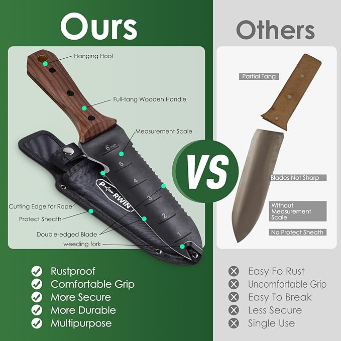 Hori Hori Garden Knife, Garden Tools with Sheath for Weeding,Planting,Digging, 7" Stainless Steel Blade with Cutting Edge, Full-Tang walnut Wood Handle with Hanging Hole-VerdiqueGarden