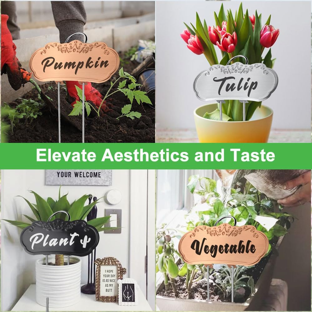 30 PacksTCYPUHL Metal Plant Labels, Tall Outdoor Garden Markers for Flowers, Fruits and Vegetables, 304 Stainless Steel Weatherproof Signs (4" x 1.9", Silver, Black and Gold)-VerdiqueGarden