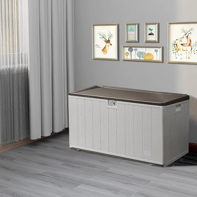 110 Gallon Pro Outdoor Storage Box, Waterproof Resin Deck Box for Patio, Pool, and Garden, Lockable Bin for Cushions, Tools, and Accessories, UV-Resistant, Grayish Brown-VerdiqueGarden