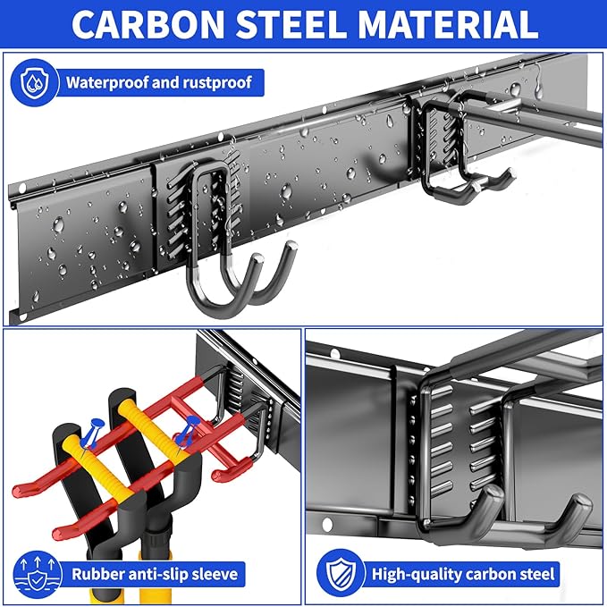Garage Organization Tool Organizer Wall Mount, 48inch Heavy Duty Garden Tool organizer Storage System, Easy Install With 6 Adjustable Hooks, For Garage, Basement, Shed, Workshop(Black)-VerdiqueGarden