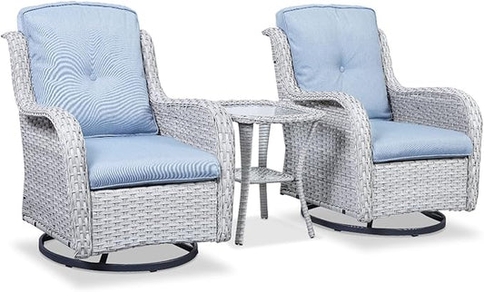 Outdoor Patio Swivel Rocker Chairs - 3 Piece Patio Bistro Set,Wicker Patio Furniture Set with 2 Swivel Rocking Chairs and 1 Glass Top Side Table for Deck Porch Garden,Light Grey/SkyBlue-VerdiqueGarden