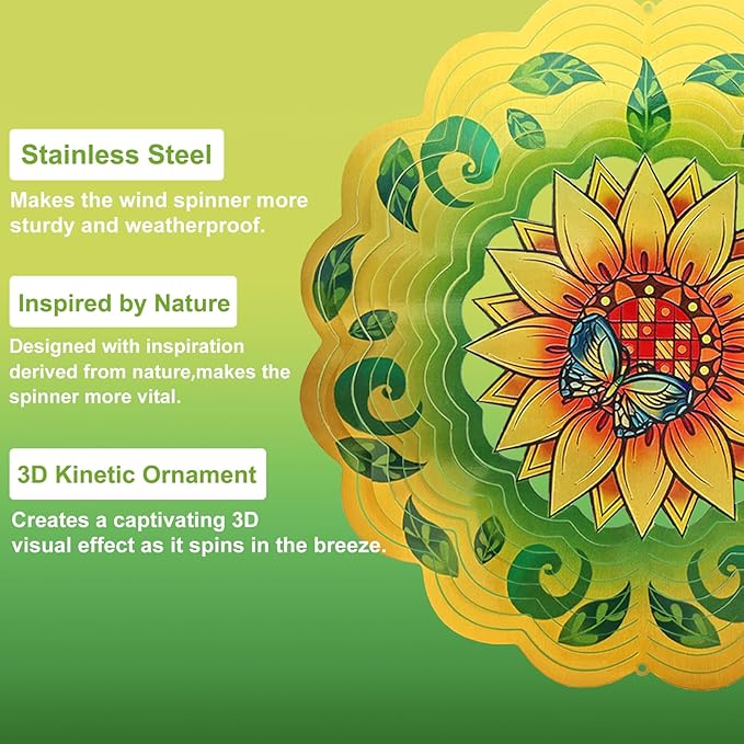 Sunflower Wind Spinners 3D Hanging Wind Spinner Sunflower Ornament Gifts for Women Mom Grandma,12inch Metal Wind Kinetic Sculpture for Outdoor&Indoor Decor, Yard Art, Garden Decoration-VerdiqueGarden