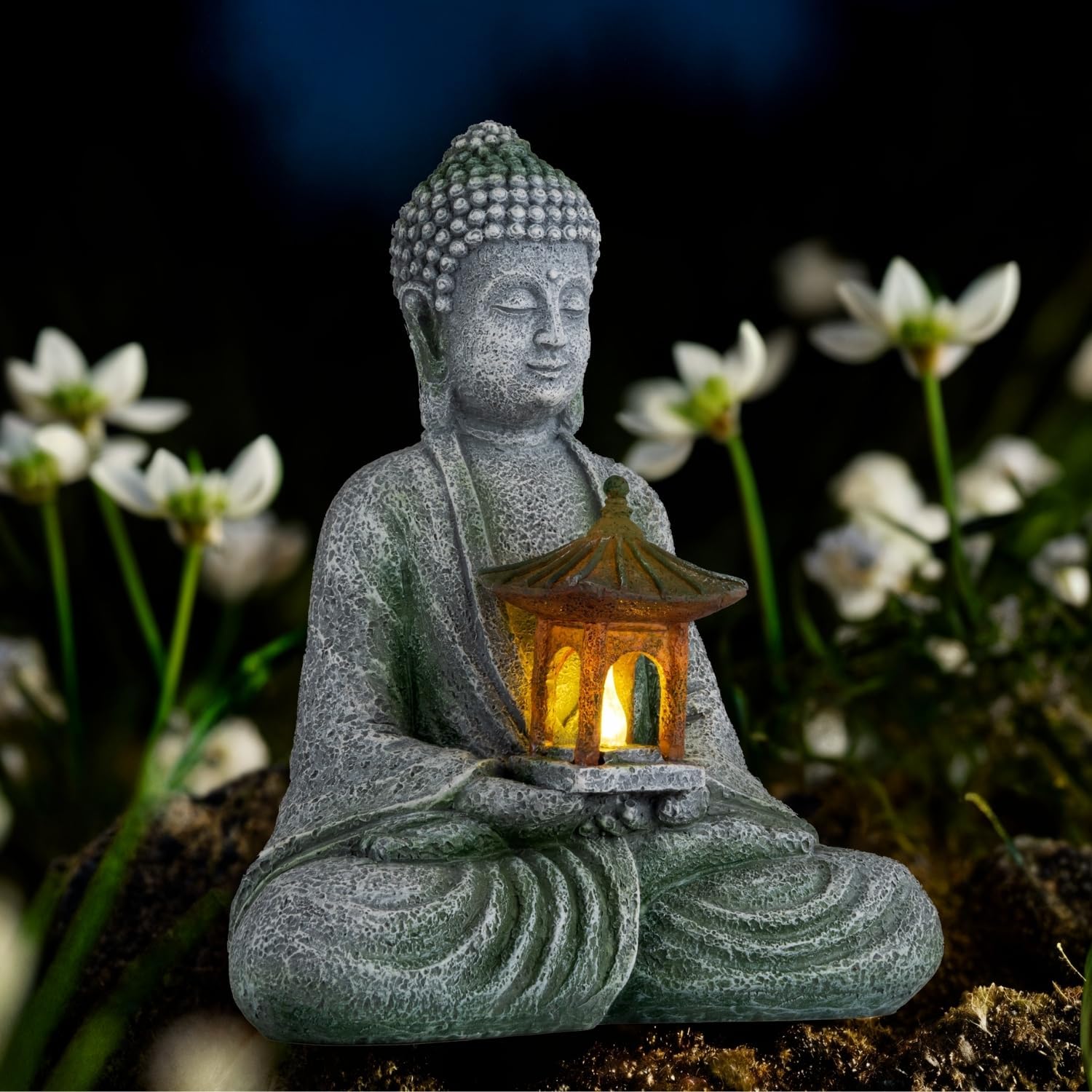 Buddha Garden Statue with Solar Light, Resin Zen Decor for Outdoor Patio or Indoor Meditation, Spiritual Gift for Women and Friends (Grey Pavilion)-VerdiqueGarden