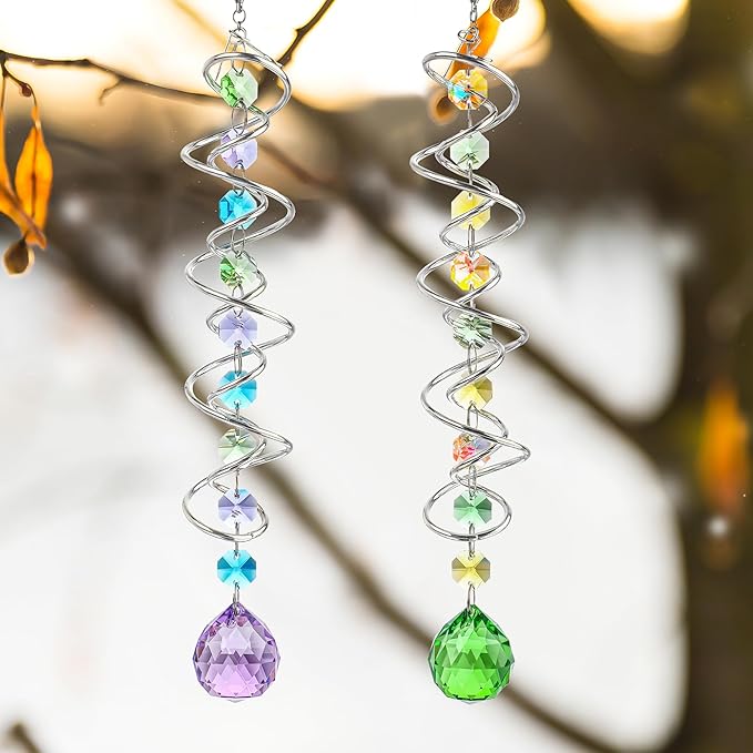 H&D HYALINE & DORA Set of 3 Crystal Sun Catcher for Window Hanging Double-Spiral Gazing Ball Spiral Tail Rainbow Maker Wind Spinners Outdoor for Garden, Patio, Porch, Christmas-VerdiqueGarden