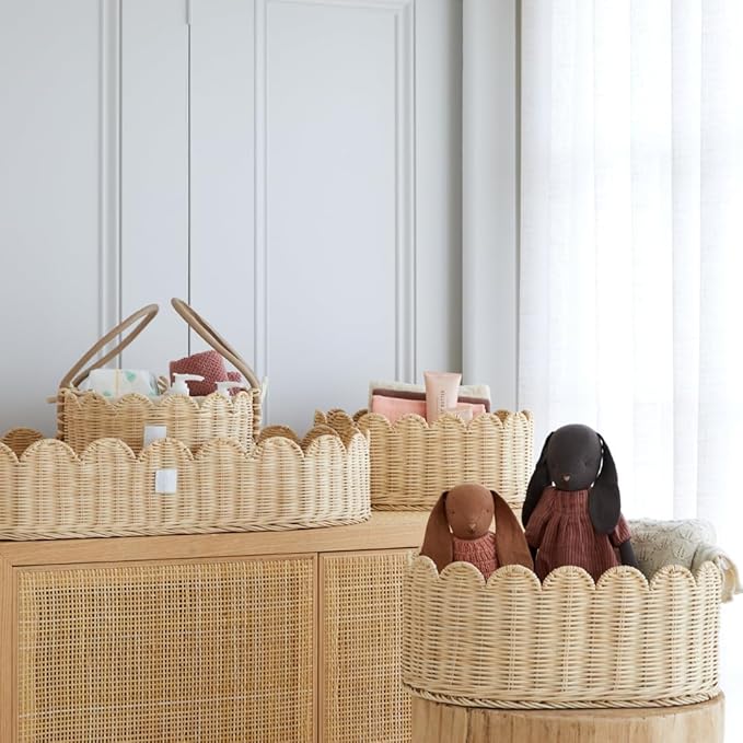 BEBE BASK Premium Scalloped Basket Set Of 2 - Scallop Basket - 16 x 10 x 7 Inch - Hand-Woven Elegant Wicker With Scalloped Edge - Nursery Storage (Natural)-VerdiqueGarden