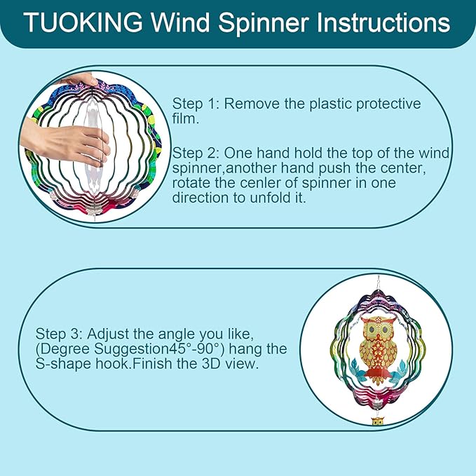 TUOKING Owl Wind Spinners Outdoor Metal 3D Hanging Art Wind Spinner 12 Inch Stainless Steel for Yard and Garden Decoration Worth Gift for Women-VerdiqueGarden