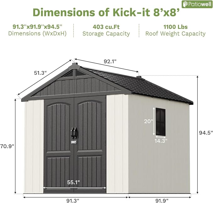 Patiowell 8 x 8 FT Resin Outdoor Storage Shed with Floor, Large Shed with Light and Lockable Door for Garden, Backyard, Tool Storage Use, Easy to Install in Beige (Kick-it Shed)-VerdiqueGarden