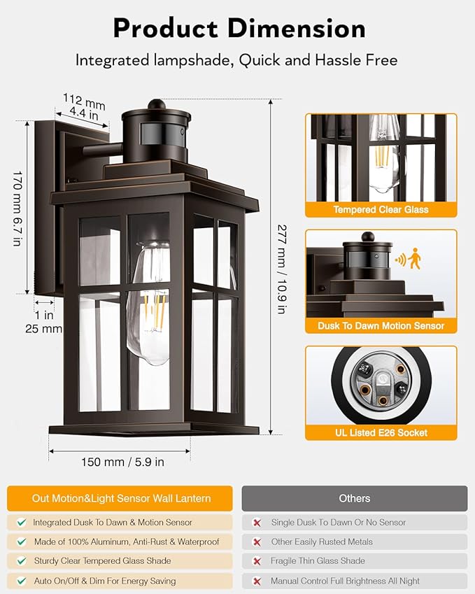 Distance-Adjustable Motion Sensor Outdoor Lights, Oil Rubbed Bronze Wall Mounting Porch Light, Waterproof Dusk to Dawn Exterior Lighting Fixtures Sconce, Anti-Rust Outdoor Lanterns for Porch-VerdiqueGarden