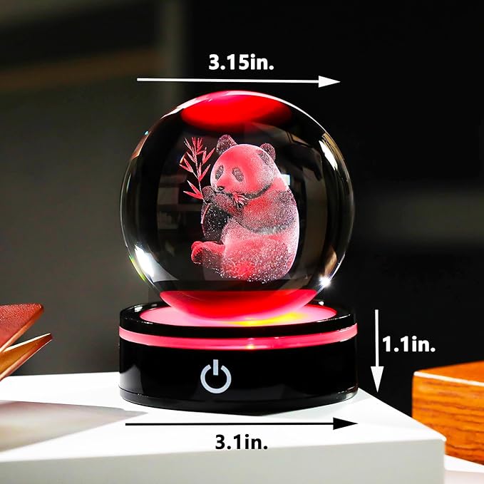 YWHL 3D Panda Figurine Crystal Ball with Colorful Light Base, Panda Gifts for Women Men on Christmas Birthday, 3D Laser Engraved Full Sphere Glass Decorative Ball for Home Office (80mm)-VerdiqueGarden