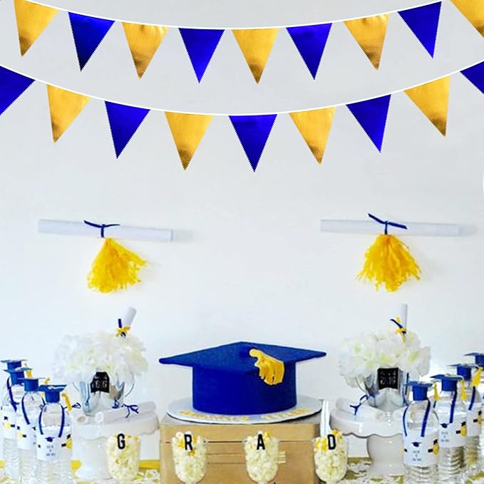 Royal Blue Gold Party Decoration Navy Blue Gold Triangle Pennant Banner Flag Metallic Fabric Bunting Garland for Graduation Birthday Wedding Retirement Bridal Shower Nautical Ahoy Achor Party Supplies-VerdiqueGarden