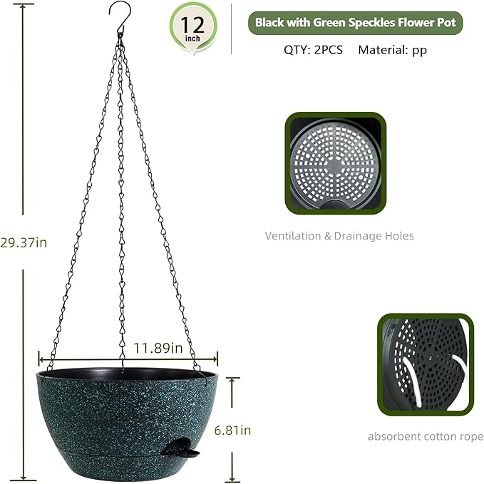 12 Inch Hanging Baskets 2 PC with Chains, Self-Watering Hanging Planters for Indoor Outdoor Plants, Plastic Hanging Flower Pots, Black with Green Speckles-VerdiqueGarden