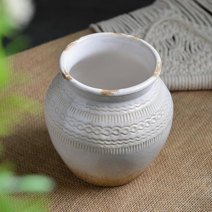 Quoowiit Ceramic Rustic Farmhouse Vase, White Distressed Flower Vase for Home Decor, Boho Decorative Vases for Centerpiece Table Decorations, Vases for Living Room Kitchen Entryway Mantle Shelf Decor-VerdiqueGarden