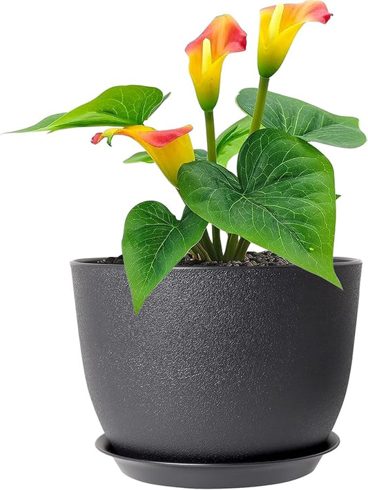 12 inch Large Plant Pots, Plastic Planters with Drainage Holes and Saucers, Flower Pots for Indoor Outdoor Plants, Modern Decorative Pots for Garden House Plants, Black-VerdiqueGarden