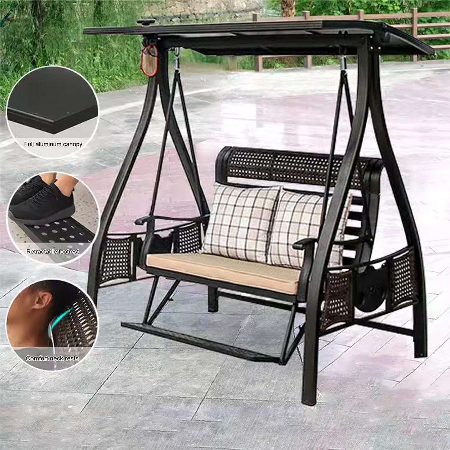 2/3-Seat Outdoor Patio Porch Swing with Adjustable Aluminum Alloy Canopy Solar Patio Swing Chair Bench with Footrest Side Cup Holder for Backyard Lawn (Himalaya-2 Seat)-VerdiqueGarden