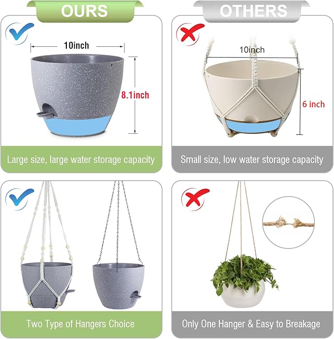 Self Watering Hanging Planters 10 inch, 2 Pack Hanging Flower Pots for Indoor Outdoor Plants, Hanging Baskets with Drainage Holes & 2 Kinds of Plant Hangers for Garden Decor, Speckled Grey-VerdiqueGarden