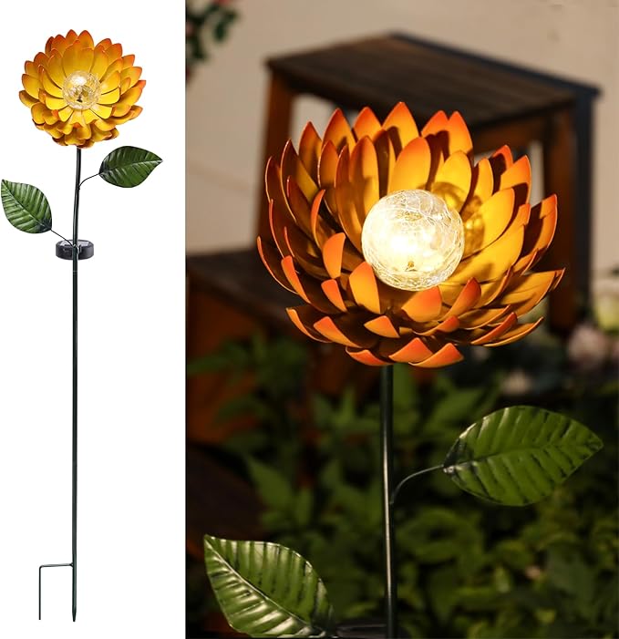 VCUTEKA Solar Garden Lights Metal Flower Decor Colorful Yellow Flowers Solar Pathway Light with LED Cracked Crystal Ball Outdoor Decorative Stake for Patio Yard Lawn-VerdiqueGarden