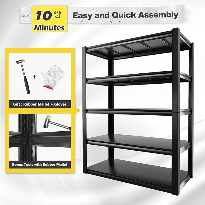 REIBII Garage Shelving Heavy Duty Garage Storage Shelves, Extra Large Adjustable Storage Rack with 5 Tier Metal Shelving Unit, 2500LBS Loads Heavy Duty Shelf, Easy Assembly, 2 Pack-VerdiqueGarden