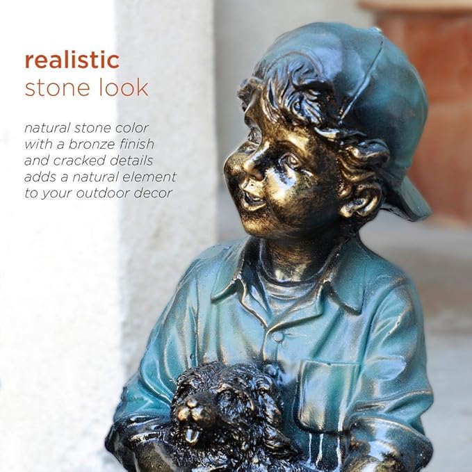 Alpine Corporation 16" Tall Indoor/Outdoor Girl and Boy Sitting on Bench with Puppy Statue Yard Art Decoration-VerdiqueGarden