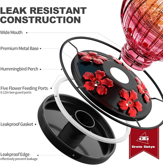 Glass Hummingbird Feeder for Outdoors Hanging, 26Oz Bird Nectar Feeder with Perch & 5 Flower Feeding Ports, Leak Proof for Outside Garden Decor Backyard, Gifts for Women Mom, Clear & Red-VerdiqueGarden