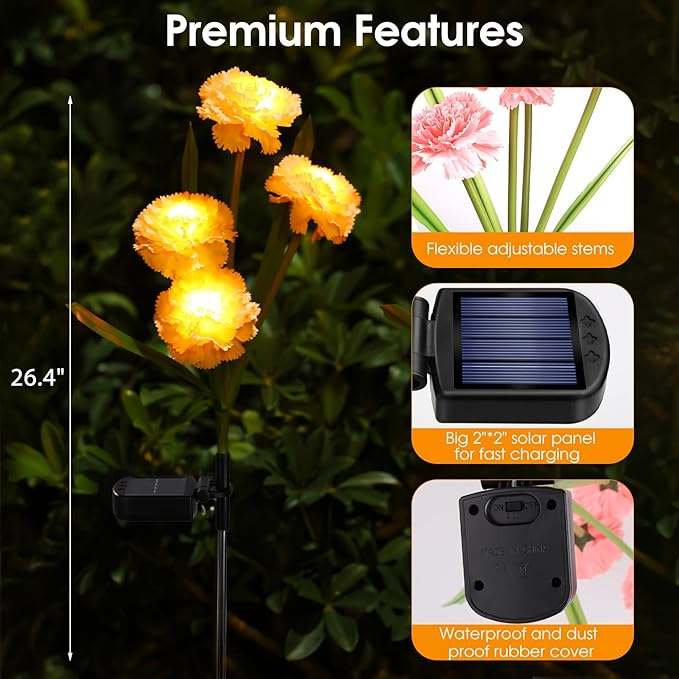 Solar Flowers Outdoor Waterproof, Solar Carnation Stake Lights Outside with 12 Real Looking Flowers for Yard Decorations Outdoor, Front Yard, Garden, Flower Bed, Lawn, Patio Decor (3 Pack)-VerdiqueGarden