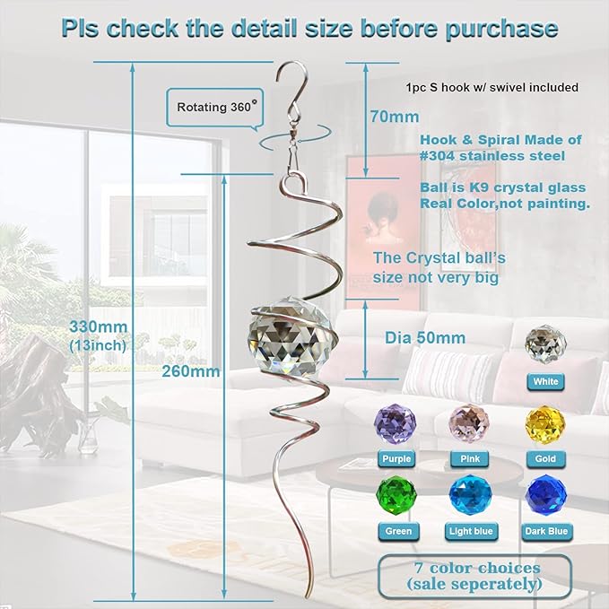 FONMY Gazing Ball Spiral Tail -Decorative Wind Spinner Sun Catcher 11 inch Tail and 2 inch Clear Crystal Orb. Indoor Outdoor Garden Decoration -13 inch Height-VerdiqueGarden