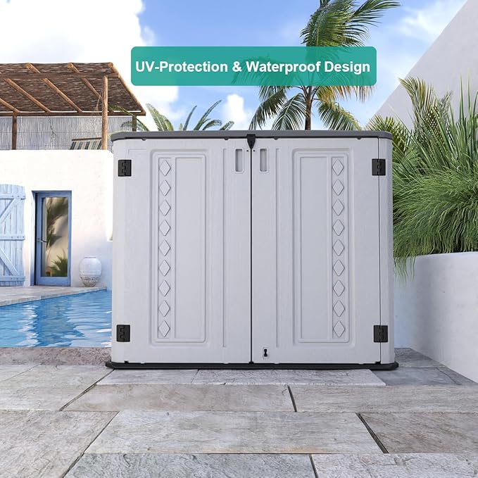 KINYING Outdoor Storage Shed-Horizontal Storage Cabinet Waterproof for Garden, Patios, Backyards, 35 Cu.ft Resin Tool Shed for Garbage Cans, Small Tools, Lawn Mower,Off-White Color-VerdiqueGarden