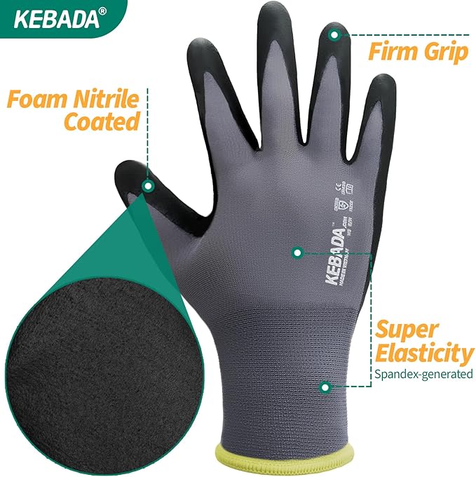 Kebada Work Gloves for Men and Women, Foam Nitrile Coated Safety Gloves with Grip, Ideal for Warehouse Package Handling, Gardening, Mechanic and Construction, XS-VerdiqueGarden