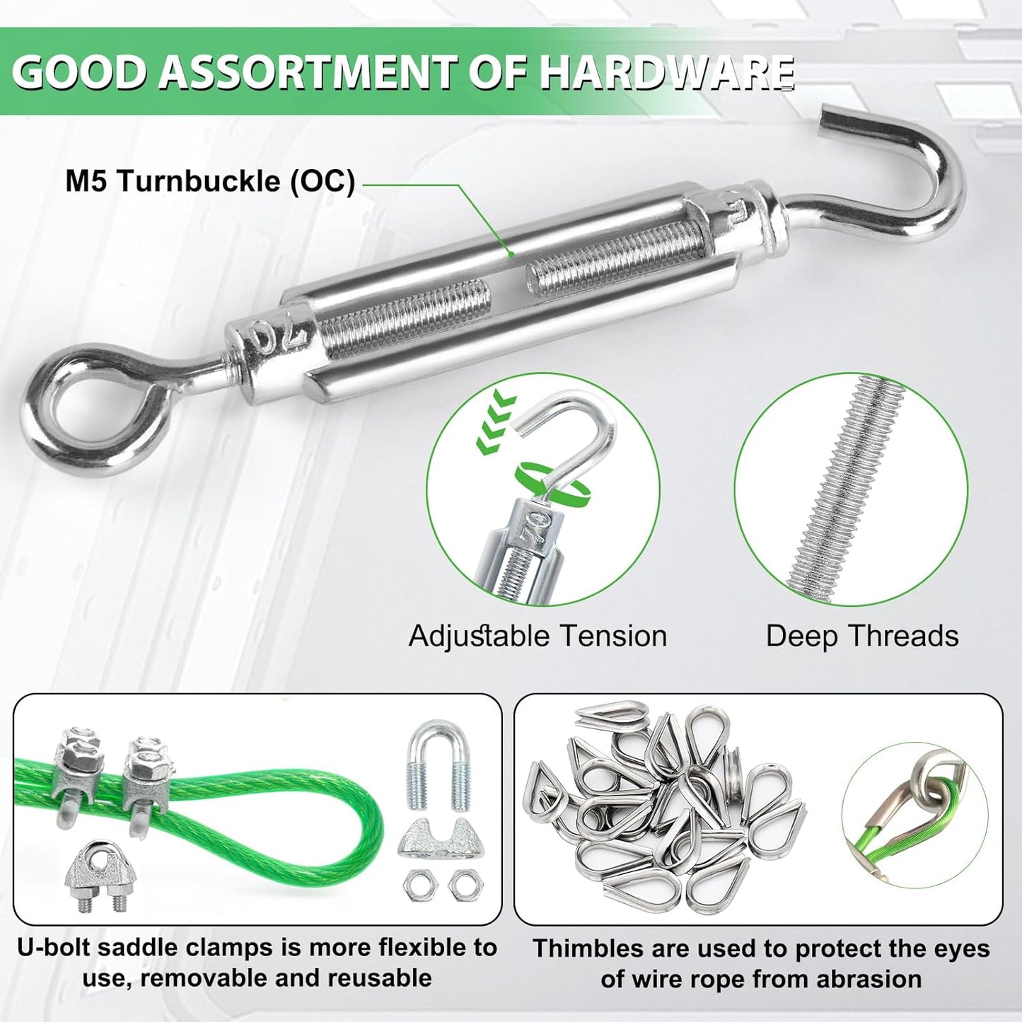 M6 Turnbuckles for Cables Wire, 3/16" Green PVC Coated Wire Rope Kit, Multi-use Steel Cable for Grape Vines/Clothes Line Outdoors for T Post/String Light Hanging/Garden Wire-VerdiqueGarden